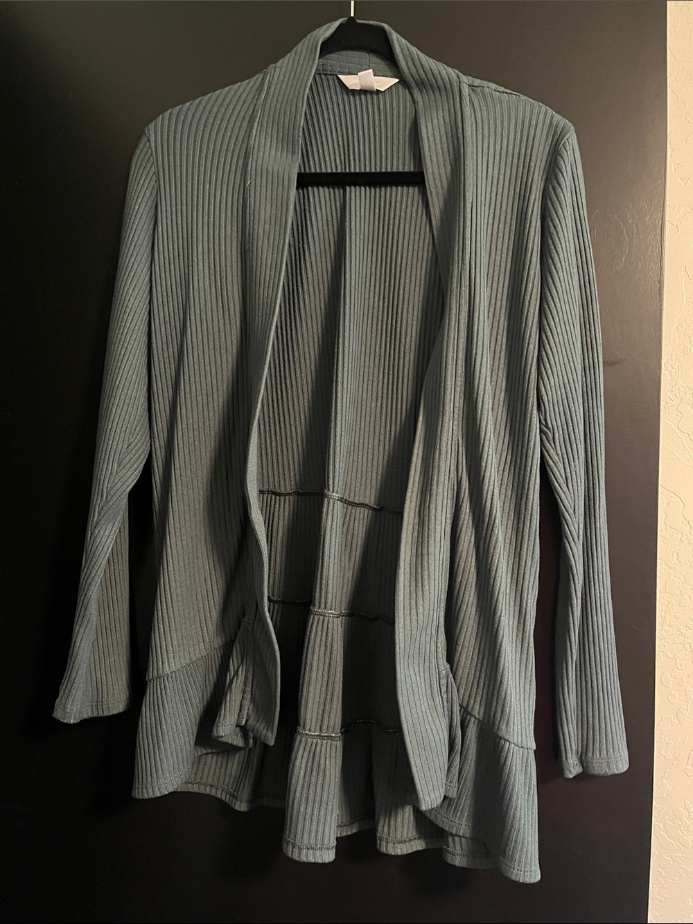 LC Lauren Conrad Ribbed Open-Front Cardigan in Dusty Teal